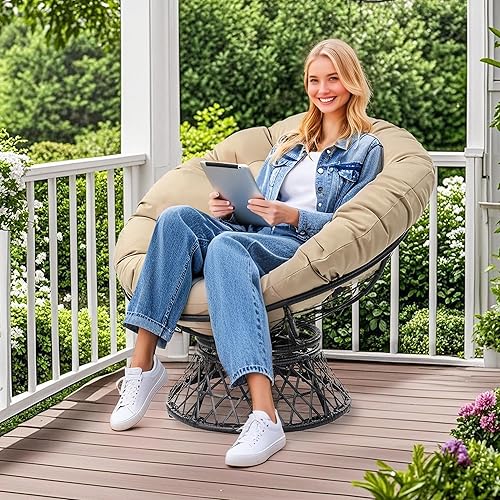 Miniatura 4 de Silla Papasan giratoria de 360, capacidad de 350 libras, silla de mimbre para interiores y exteriores con cojín grueso, silla decorativa moderna