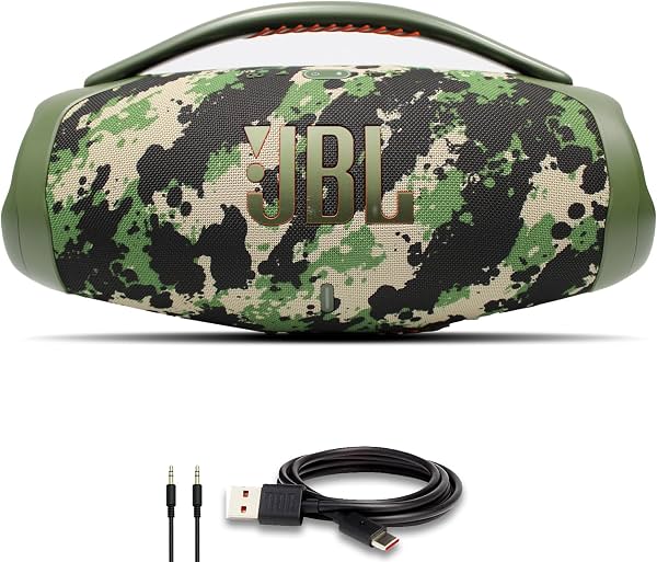 JBL Boombox 3 - Altavoz Bluetooth portátil, resistente al agua IPX7, 24 horas de reproducción (Squad) (JBLBOOMBOX3SQUADAM) + cable AUX + cable USB-C + paño de microfibra