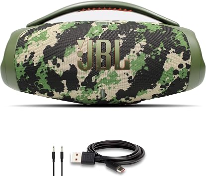 JBL Boombox 3 - Portable Bluetooth Speaker, IPX7 Waterproof, 24 Hours of Playtime Squad JBLBOOMBOX3SQUADAM + AUX Cable + USB-C Cable + Microfiber Cloth