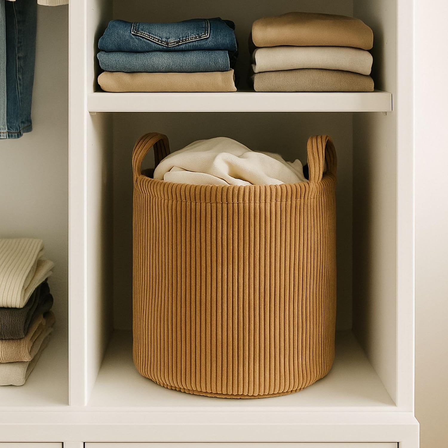 PUTSKA Blanket Basket – Round Storage for Blankets, Clothes, Stuffed Animals – Soft Baby Girl Basket for Nursery, Kids Room, Bedroom, Living Room – Regular, Brown