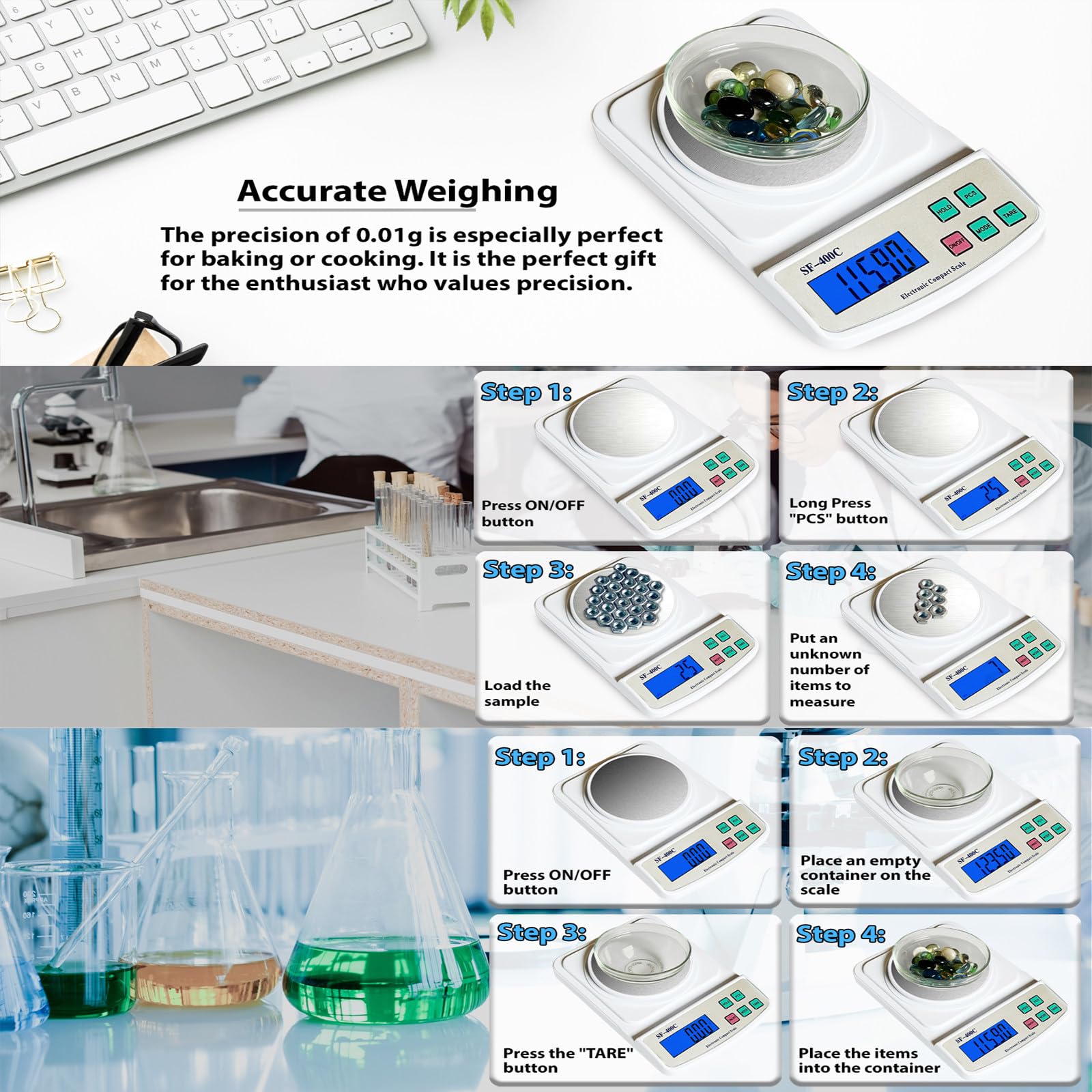Bilancia da laboratorio digitale Bilancia analitica di precisione da 600 g x 0,01 g per laboratorio di scienze dei gioielli Bilancia elettronica compatta e accurata con capacità di 500 g/0,01 g