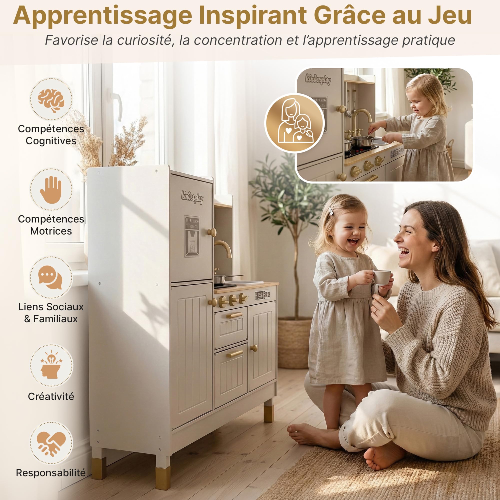 Grande Cuisine pour Enfant en Bois avec lumière et Son –avec Accessoires, évier, cuisinière et Four – pour Enfants pour des Jeux de rôle réalistes