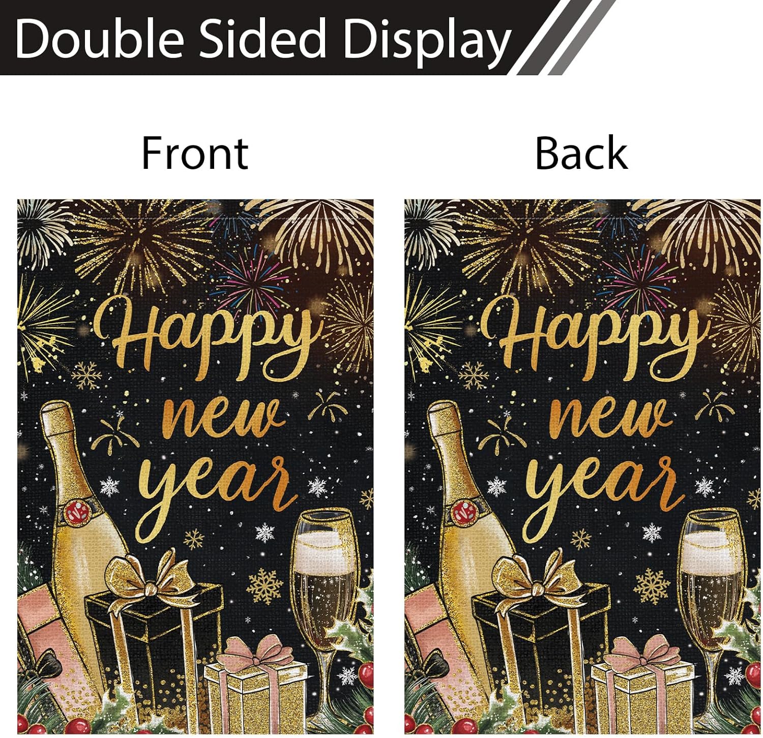 Heyfibro Happy New Year Christmas Firework Garden Flag 12x18 Inch Double Sided Burlap Champagne Celebration Banner for Winter Holiday Party Yard Outdoor Decoration(ONLY FLAG) - Image 6