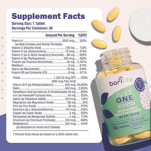 Miniatura 4 de Bari Life Just One, Multivitamínico bariátrico una vez al día con hierro (90 tabletas) y citrato de calcio BariBurst masticables suaves para bypass