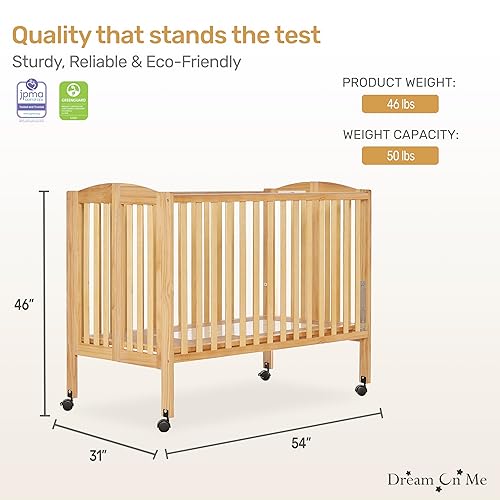 Miniatura 3 de Dream On Me Cuna de bebé plegable 2 en 1 de tamaño completo en natural, GreenGuard Gold y JPMA, portátil, sistema patentado de plegado rápido,