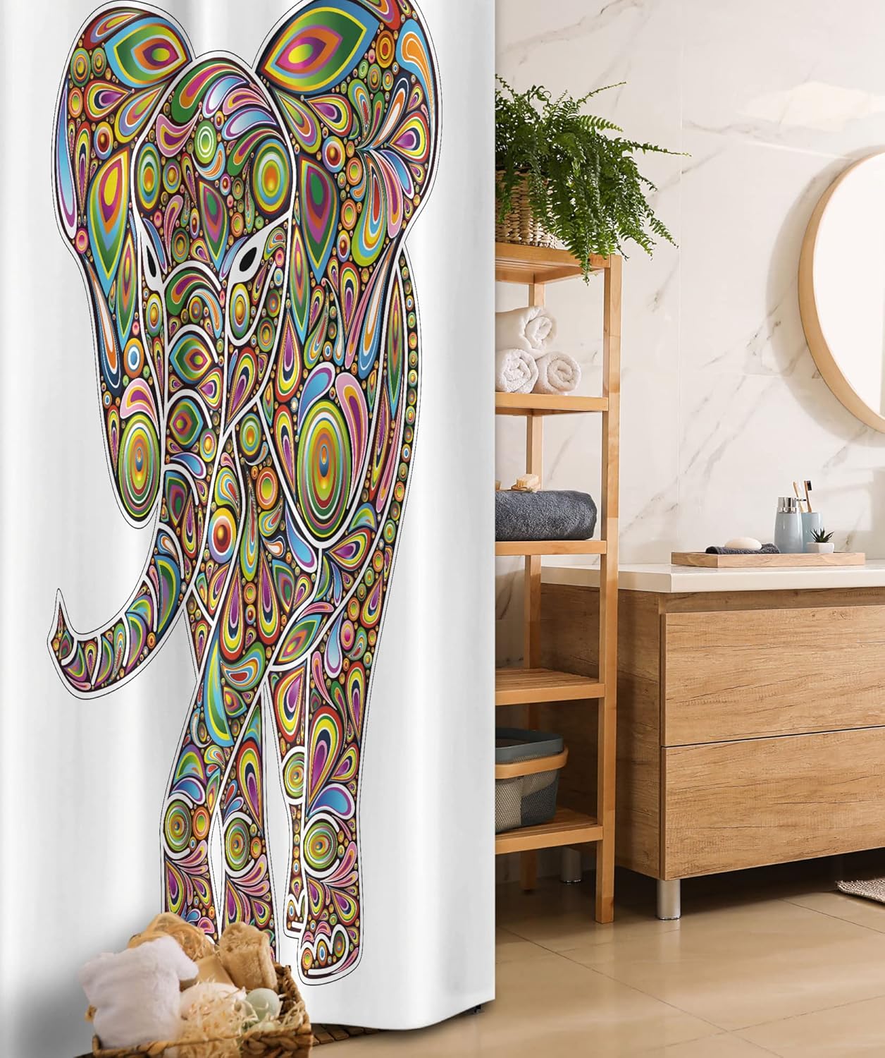 Ambesonne Psychedelic Stall Shower Curtain, Large Eastern Trippy Pattern Boho Art Savannah Illustration, Fabric Bathroom Decor Set with Hooks, 36" W x 72" L, Multicolor White