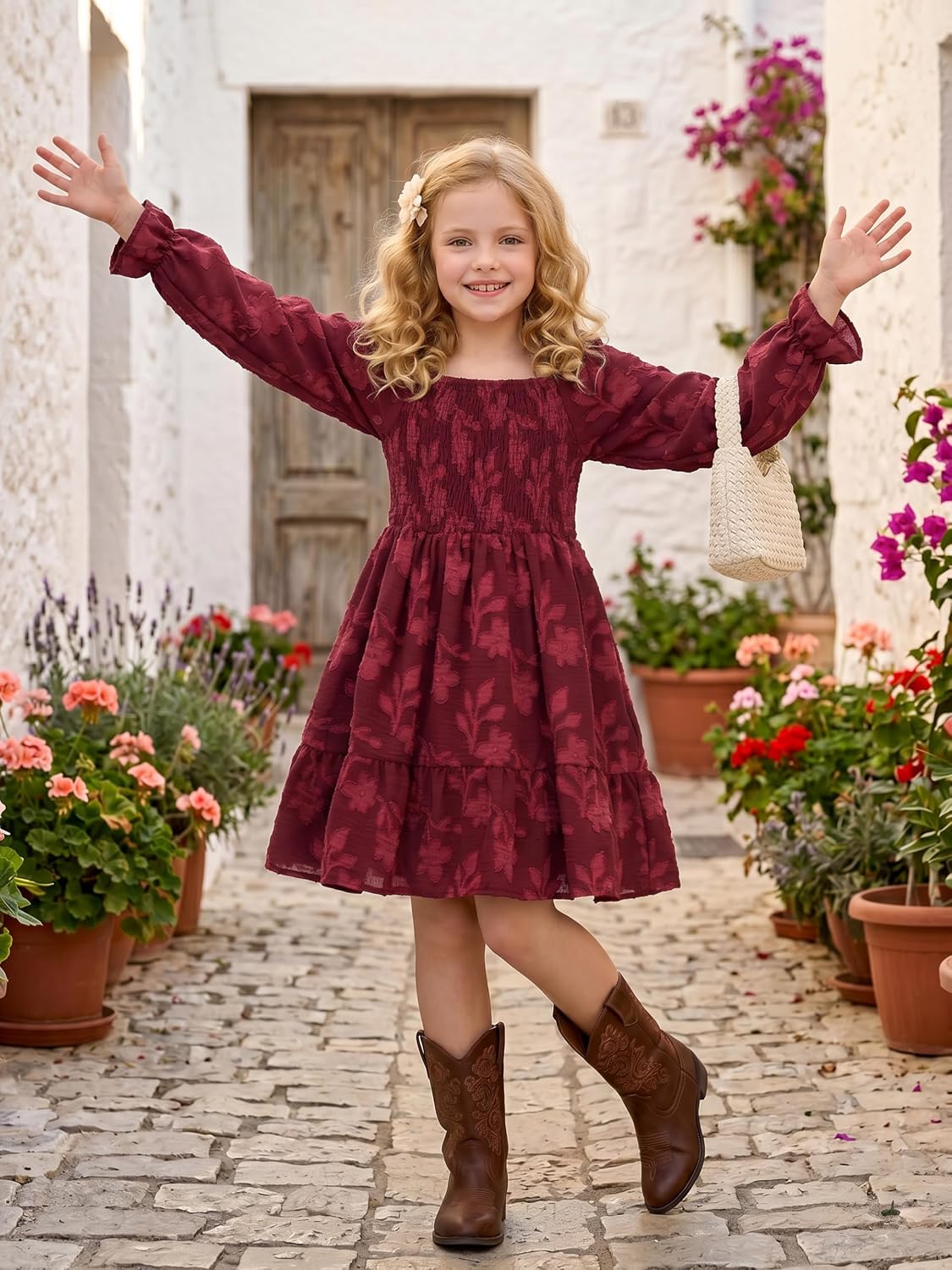 Cubear Girls Long Sleeve Smocked Dress Square Neck Boho Floral Casual Dress