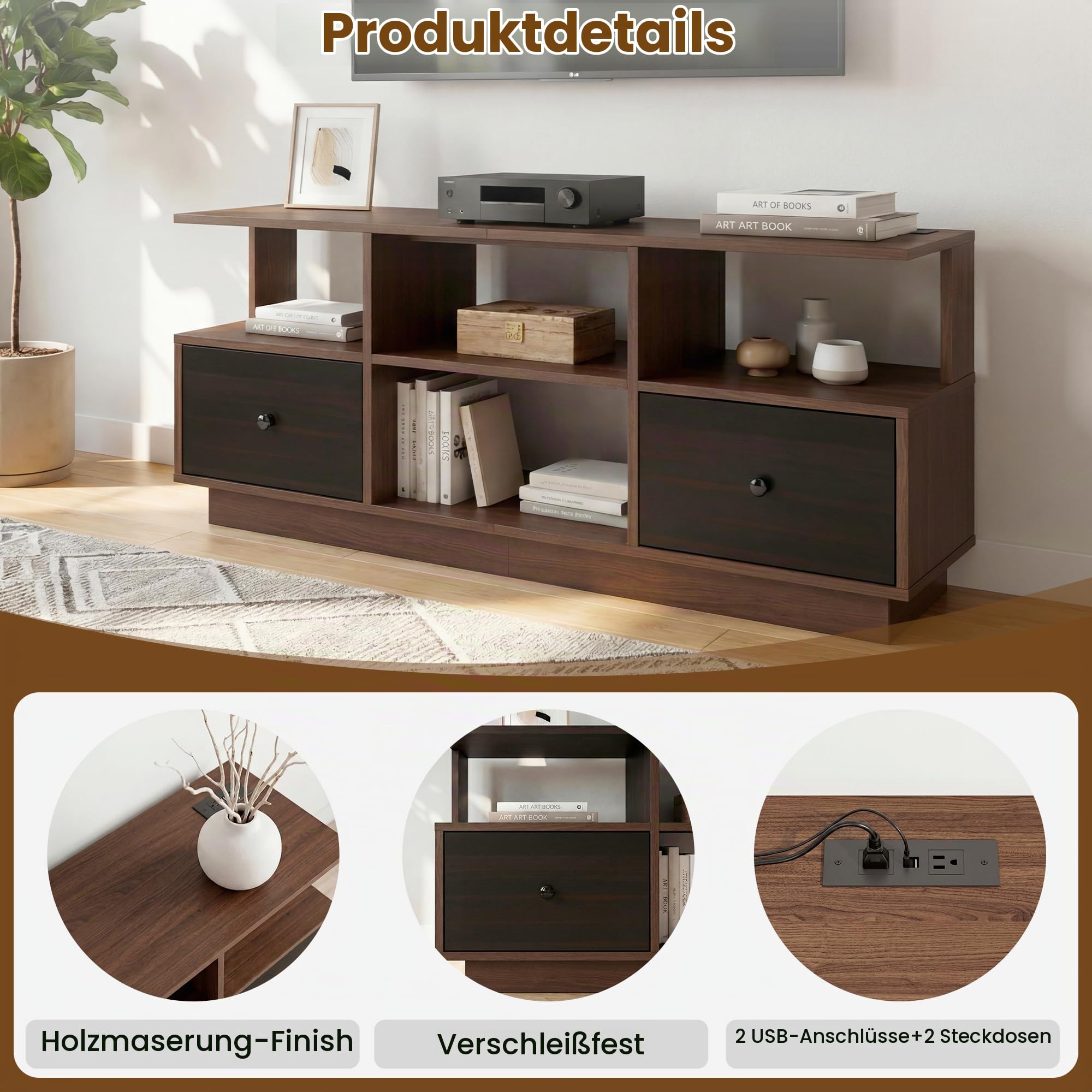 Manroa TV Schrank Nussbaum 120 cm Breit,Fernsehtisch für TV bis 55 Zoll,TV Sideboard Dunkelbraun mit Stauraum, TV Stand Cabinet für Wohnzimmer & Gaming Raum & Schlafzimmer