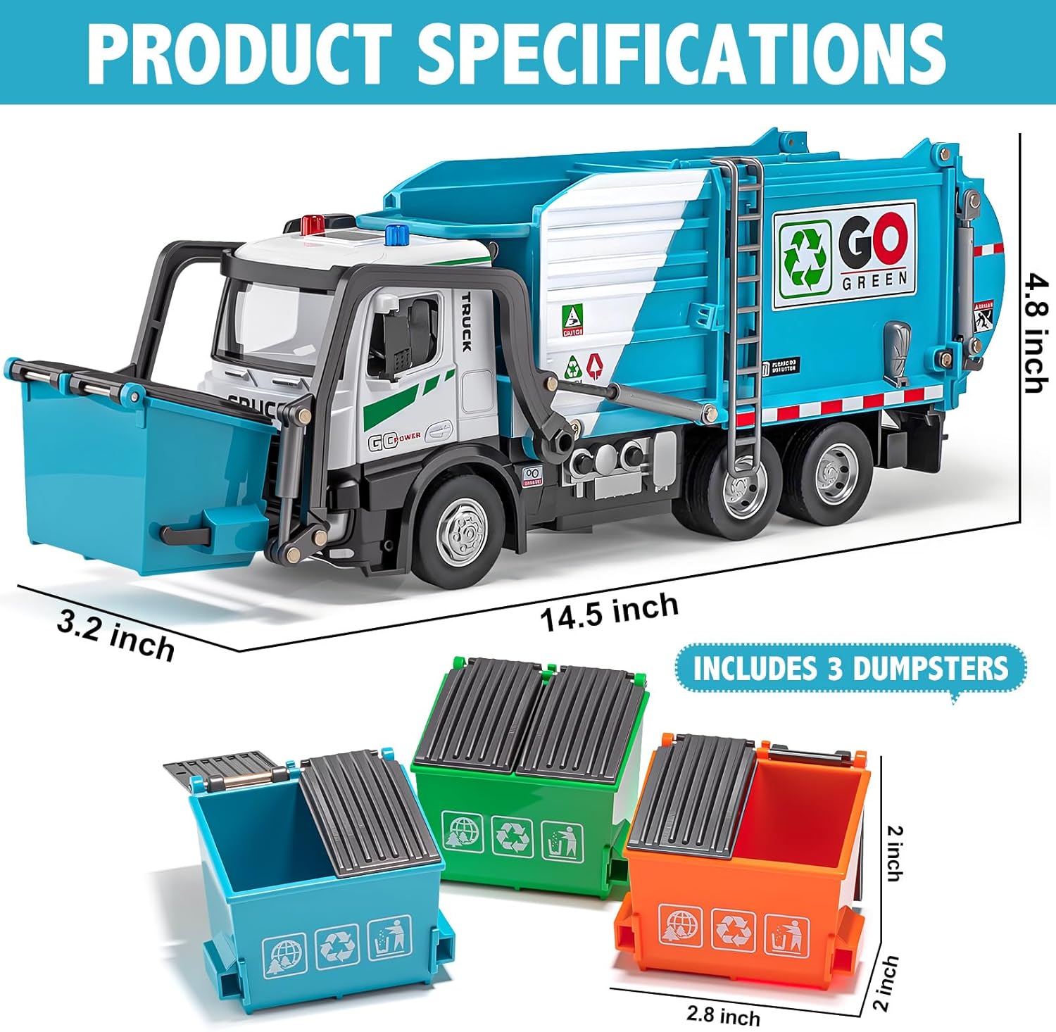 AUTO-Lift Function Garbage Truck Toys Metal Cab, Trash Truck Toy Set with Lights and Sounds Includes 3 Dumpsters, Birthday Gift for Kids Boys Toddlers (Blue)