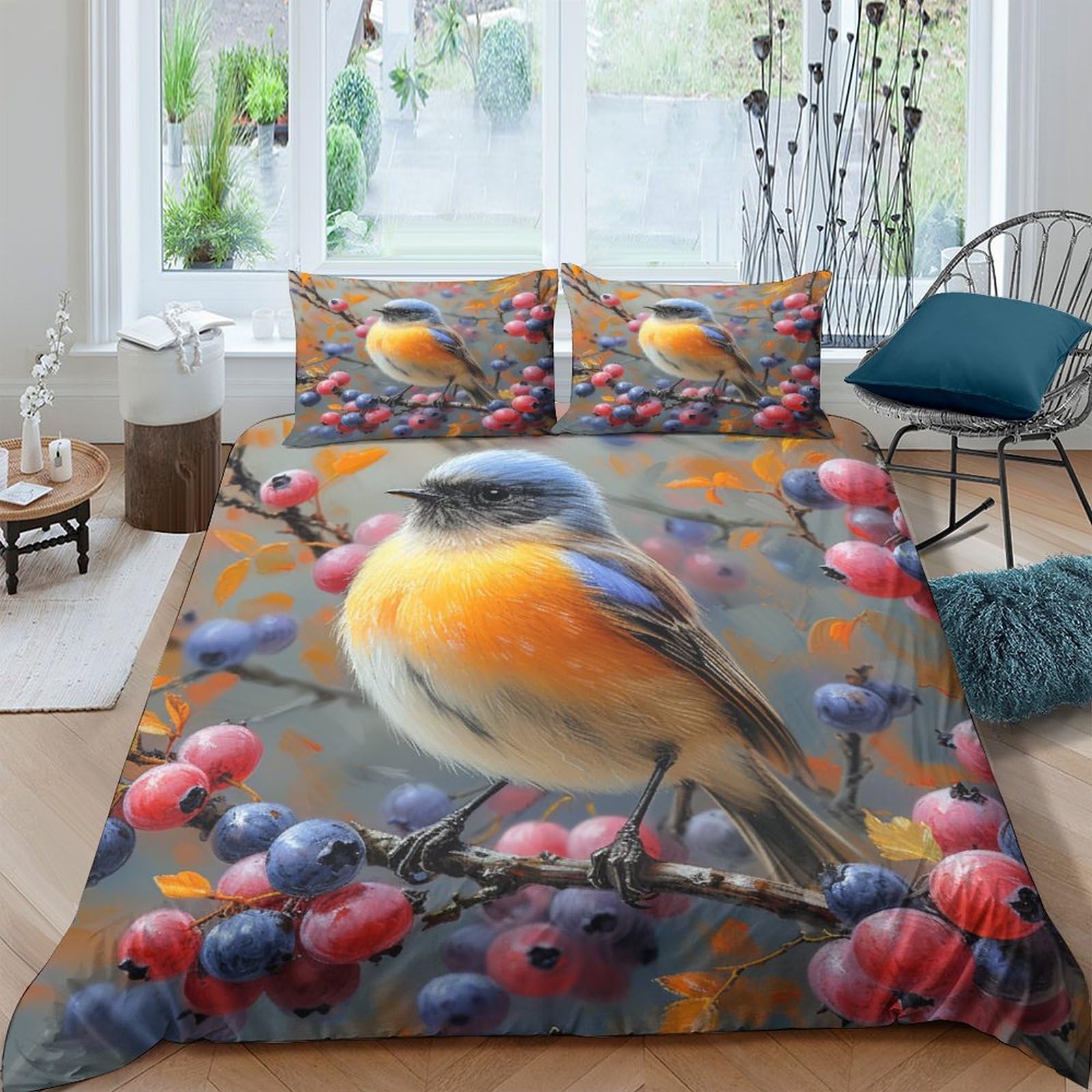 Housse de couette 200 x 200 cm rouge-gorge textile infroissable pour chambre d'enfant