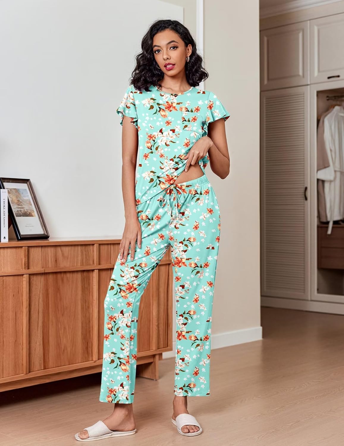 Ekouaer Pajamas for Women Set 2 Piece Comfy Loungewear, Lightweight Pjs Sleepwear, Short Sleeve Top & Long Pants with Pockets - Image 2