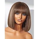 LUVME HAIR 10 Inch Yaki Straight Bob Wig with Bangs Ash Blonde Highlights Blunt Cut Bob Wig Human Hair Glueless HD Lace Bob Wig Ready to Go Short Wigs For Women 180 Density (Breathable Cap)