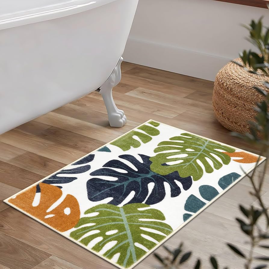 Lukinbox Leaf Washable Bathroom Rugs, 18" x 26" Small Non Slip Monstera Bath Mats for Bathroom, Cute Soft Microfiber Bathroom Mat Tropical Plant Bath Rugs for Shower Bathtub Decor (Blue Green)