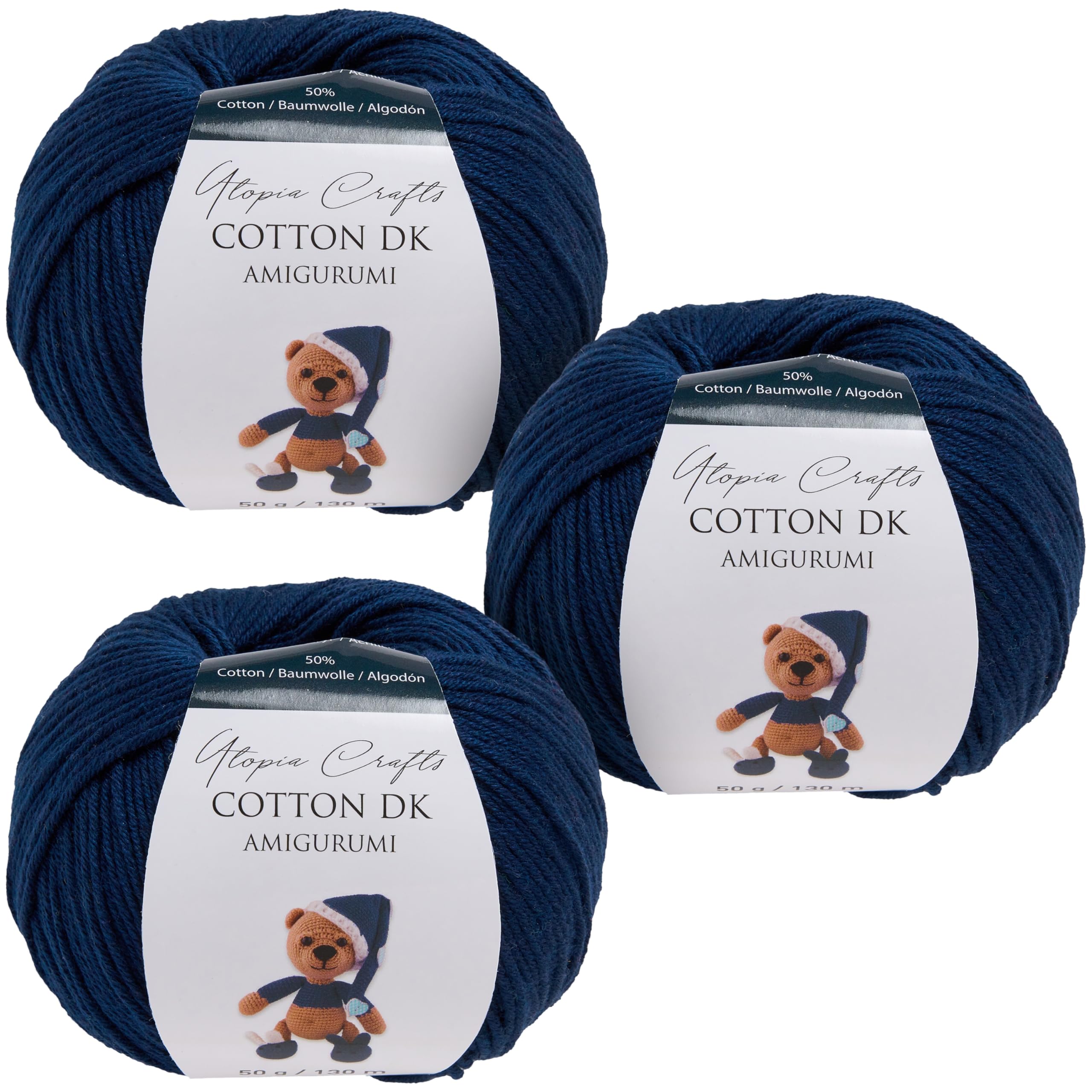 Utopia Crafts Amigurumi Cotton DK Yarn for Crochet and Knitting 50% Cotton, 50% Acrylic Blended, 3X 50g (Dark Blue)