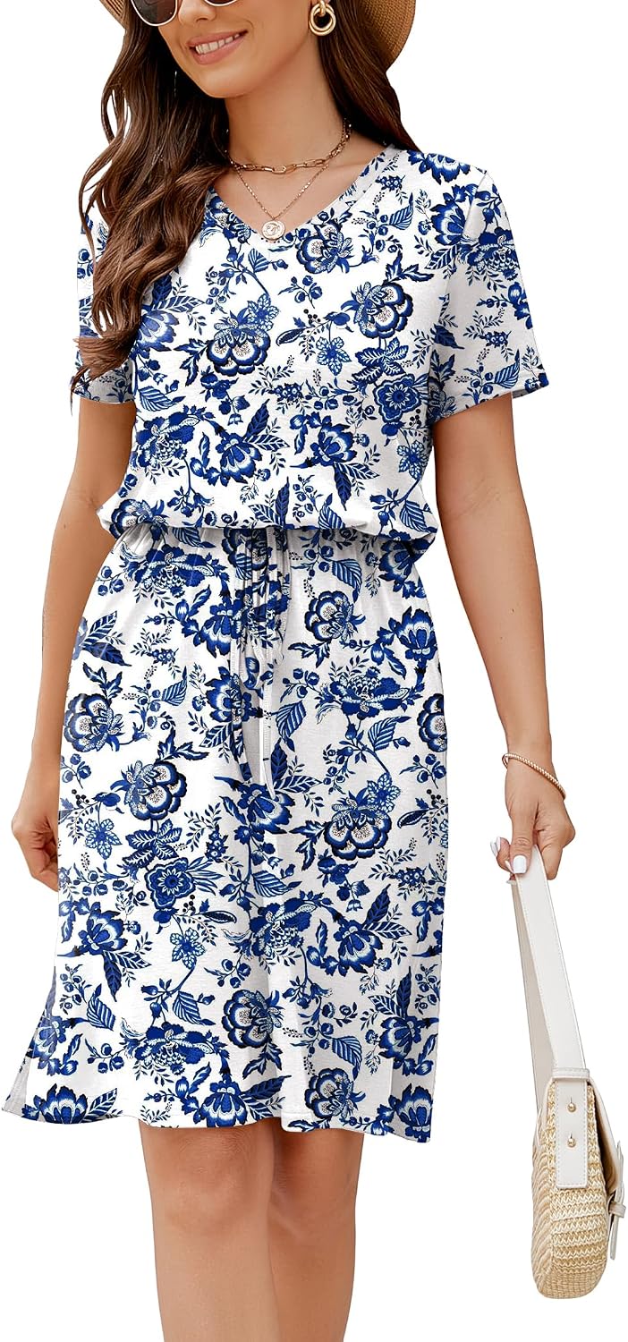 HUSKARY Women Summer Casual Midi Dresses Short Sleeve V Neck Drawstring Knee Length T Shirt Dress with Split and Pocket image 2