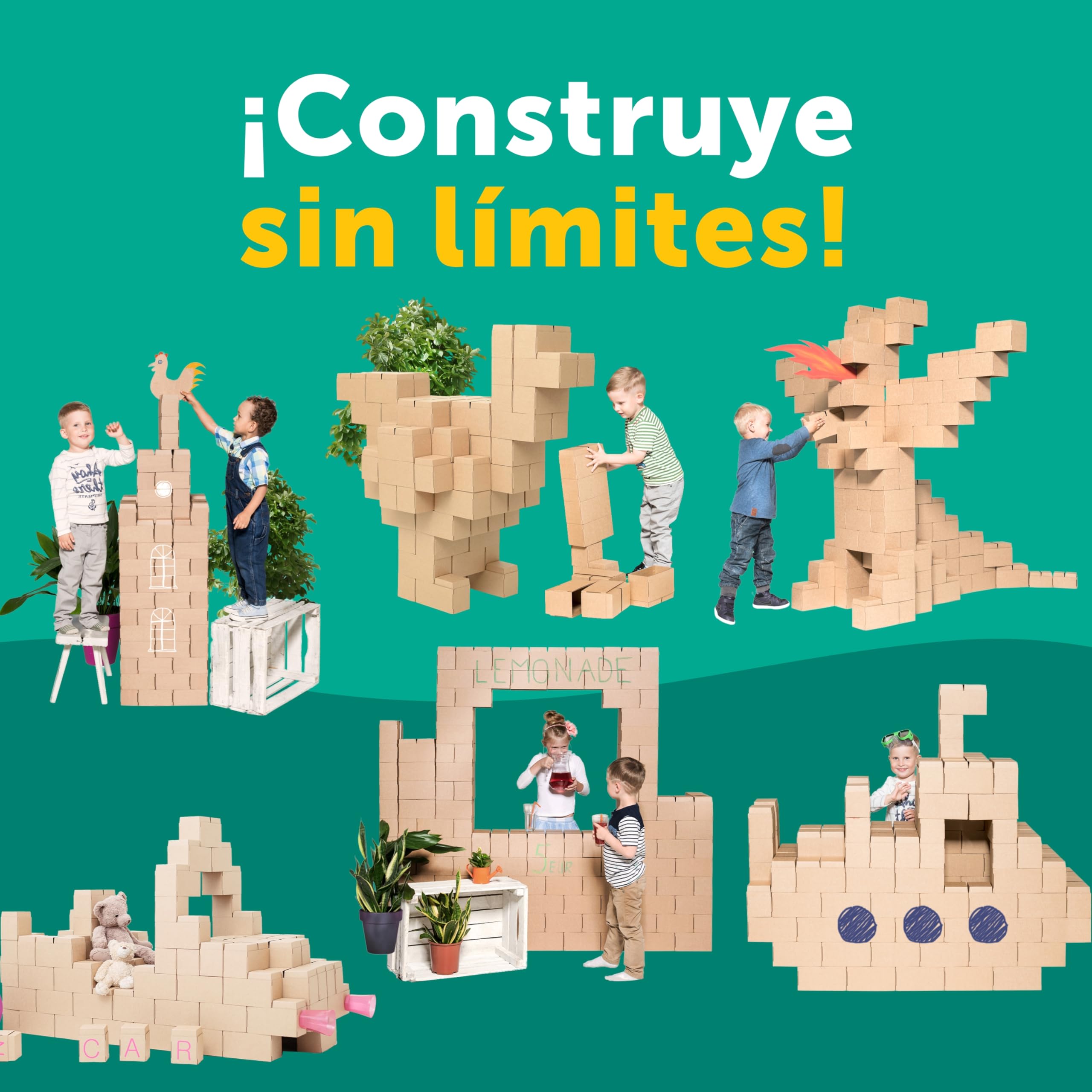 GIGI BLOKS Tamaño XXL 100 Ladrillos de Cartón Encajables y Apilables | Robustos y Fáciles de Montar Grandes Bloques Construccion Niños | Kit Construcción Fuerte Niños | Juegos Infantiles Educativos
