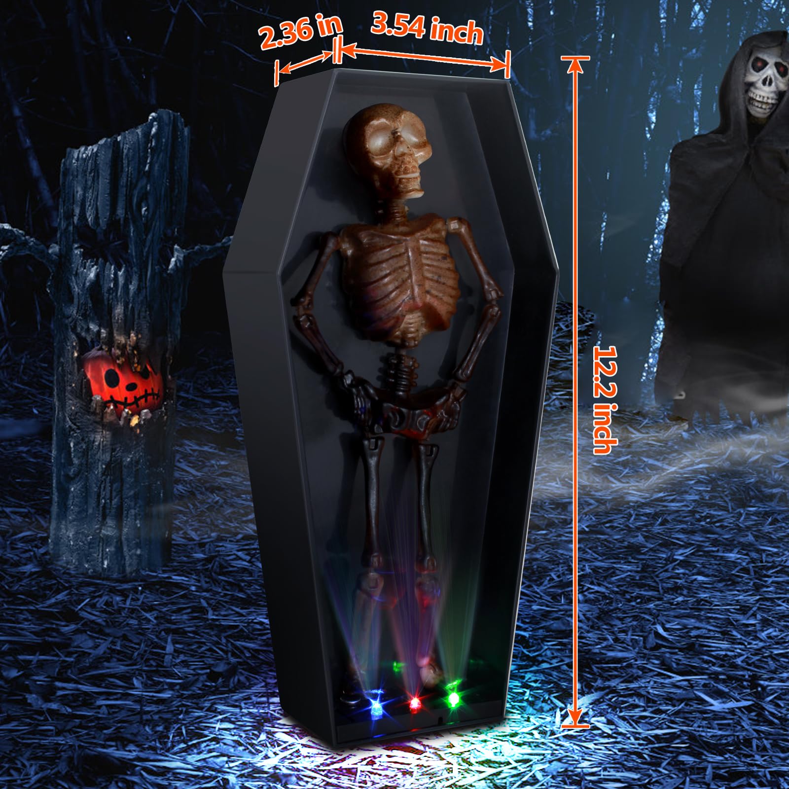 MAIAGO Halloween Tombstone Skeleton with LED Lights, Halloween Skeleton Voice Activated Decorations, Dancing Skeleton with Music and Glowing Lights for Halloween Decor Party Props, Haunted House, Yard