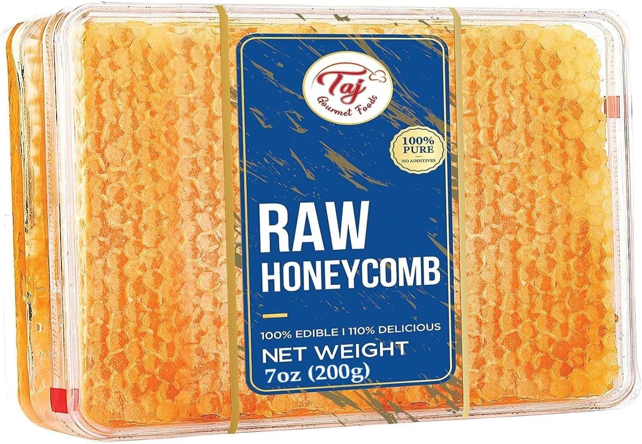 Taj Gourmet All Natural Raw Honeycomb 100% Honey Pure Turkish Raw Honey Comb -100% All Natural Edible Honey Combs Raw Edible - Perfect For Healthy Smoothies Honey With Honeycomb, 200g (7.05oz)