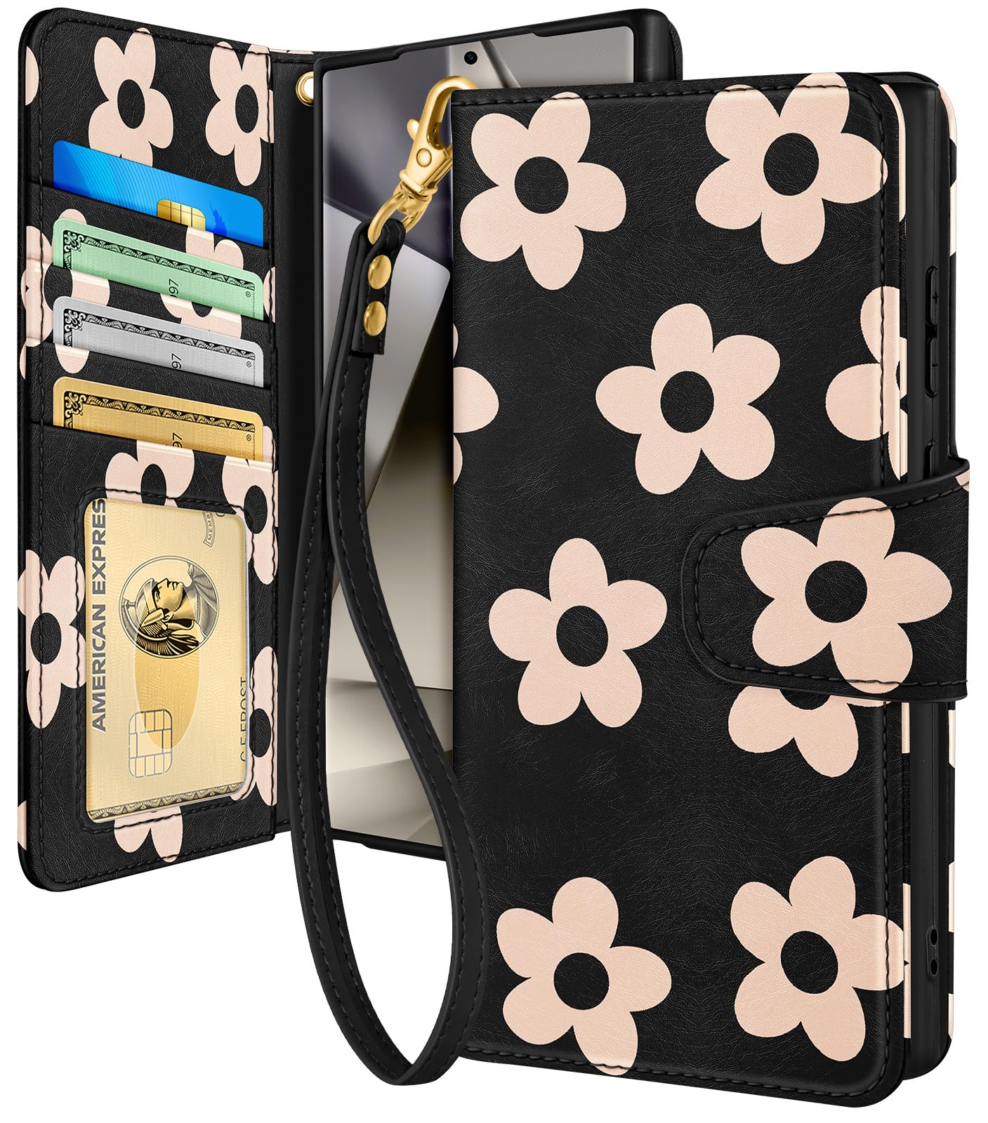 Toycamp for Samsung Galaxy S24 Ultra Wallet Case with Wrist Strap - Leather Flip Folio Phone Case with RFID Blocking 4 Card Slots Galaxy S24 Ultra