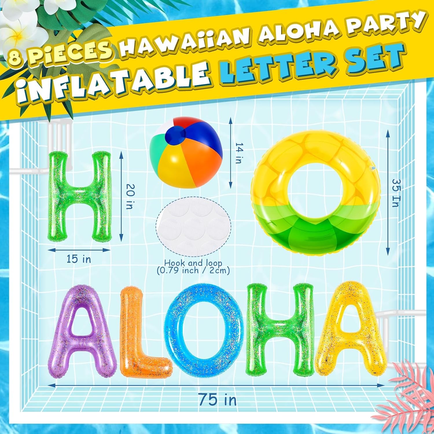 Sumind 8 Pcs Aloha Floating Pool Letters Aloha Party Inflatable Decoration 20" Floating Letters for Pool Hawaii Luau Party Decoration Float with Inflatable Beach Balls