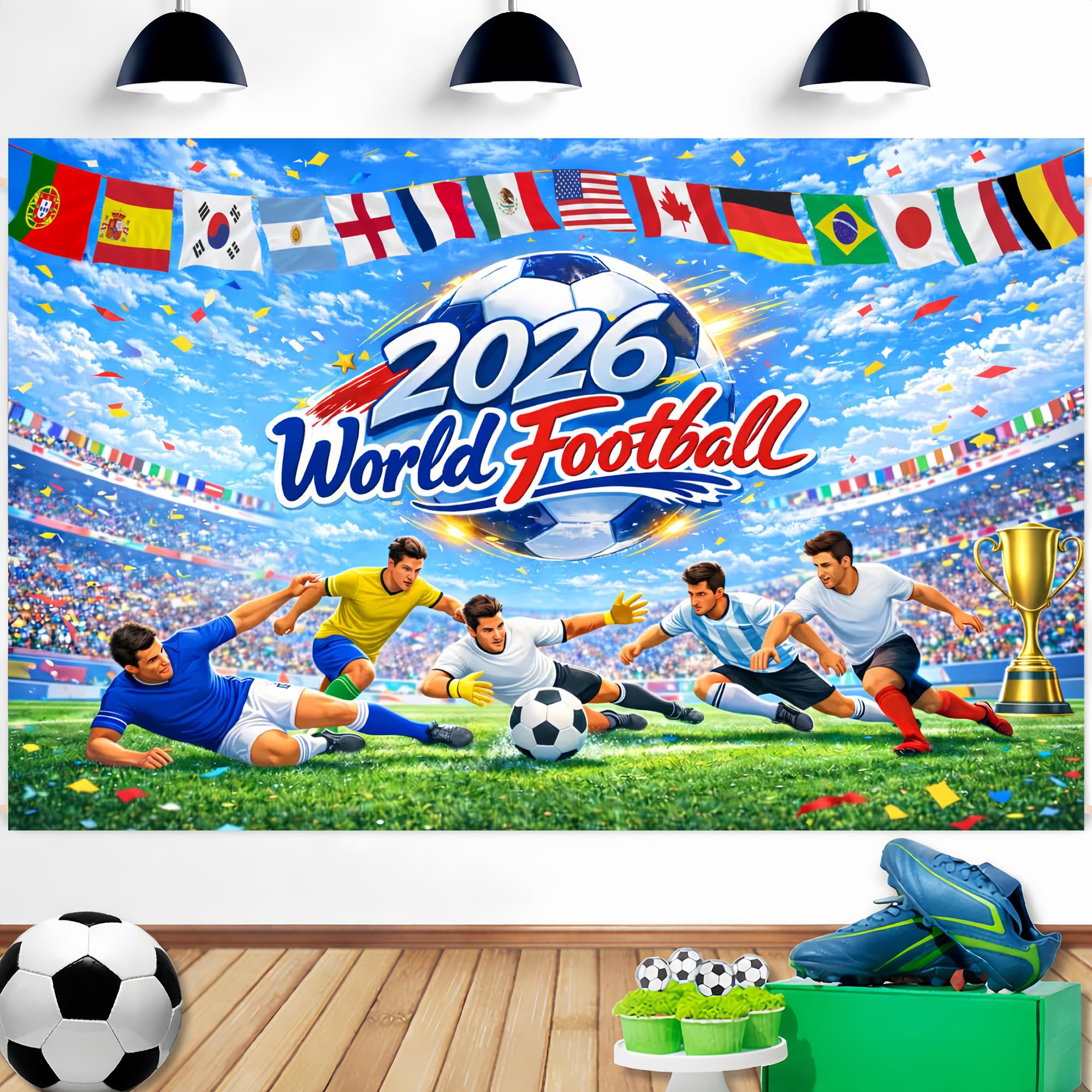 2026-World Football Cup Decorations Banner - 180x110cm World Football Backdrop Stadium Background International Flags Photo Booth Backdrop for Birthday Sports Party Supplies — image 1
