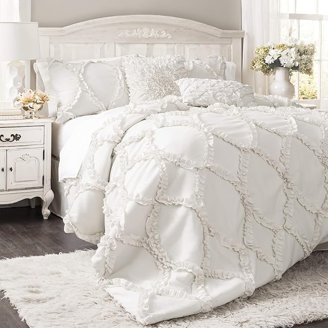 Lush Decor Avon Comforter Set - Romantic Farmhouse 3 Piece Bedding Set with Pillow Shams - Elegant Ruffle Ribbon & Soft Textured Design - King, White