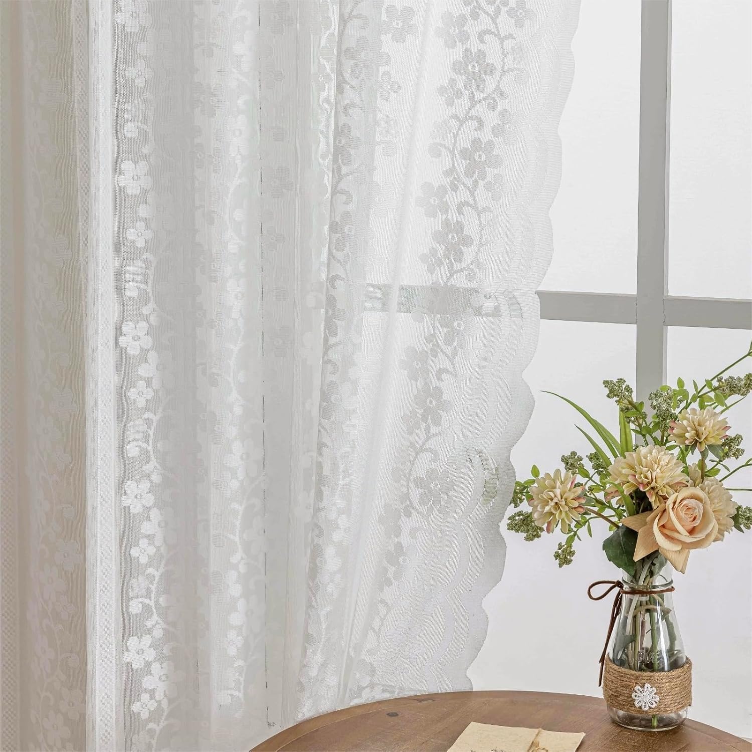 White Lace Sheer Curtains 63 Inch Length for Bedroom, Vintage Scalloped French Floral Curtain Rod Pocket Boho Lace Semi Sheer Light Filtering Drapes for Kids Room French Door, 2 Panels