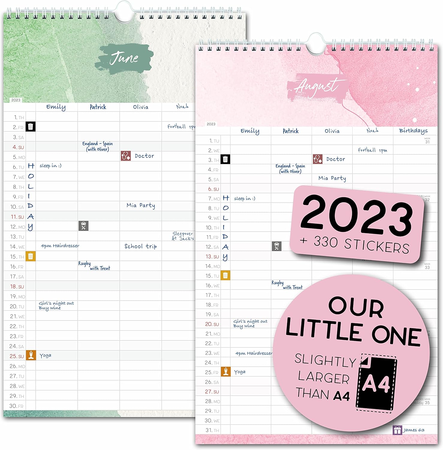 Family calendar 2023 5 columns, WATERCOLOURS family planner 2023 and
