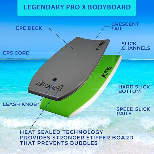 Miniatura 3 de Legendary Pro X Bodyboard para playa con parte inferior dura, tablas Boogie para niños y adultos, selladas térmicamente con núcleo EPS, correa