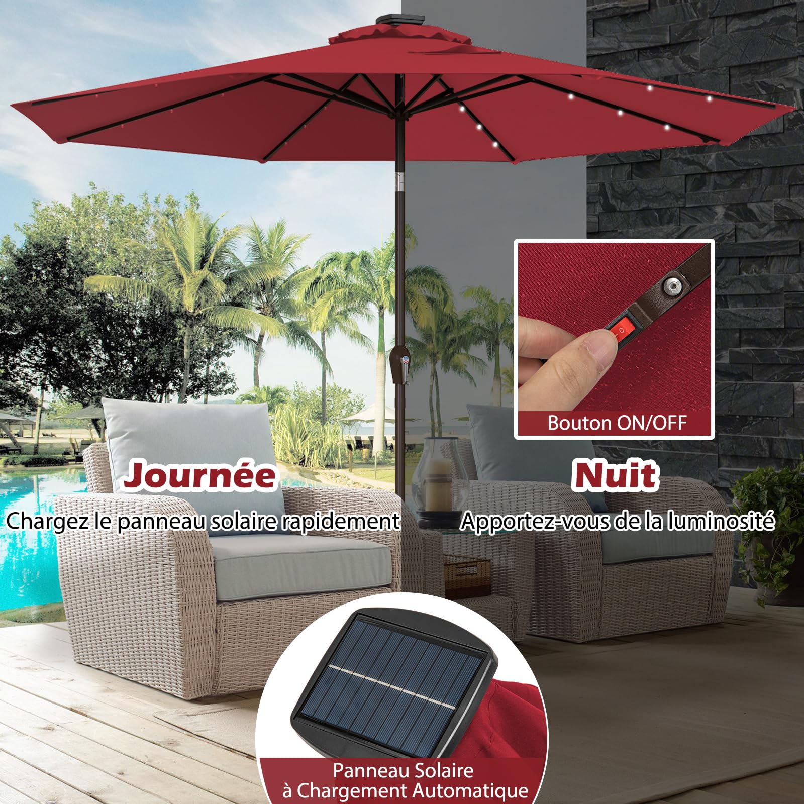 RELAX4LIFE Parasol Inclinable LED Dia.3M avec Éclairage Solaire, 8 Baleines, Inclinaison Réglables Parasol de Jardin Extérieur pour Balcon Terrasse Patio Café Bistro (Φ300x250cm,Rouge)