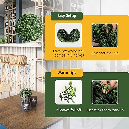 Miniatura 5 de GOFLAME 2 bolas artificiales de boj de 19 pulgadas, bolas de boj decorativas, protección solar, para interiores y exteriores, decoración verde