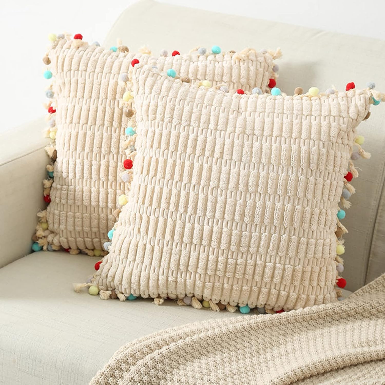 Dongchen Throw Pillow Covers Decorative Pom-poms, Soft Velvet Farmhouse Boho Pillow Covers for Couch Bed Sofa Bed Room Living Room Square Cute Girls Decor Cushion Case Pack of 2 Cuddle 24x24