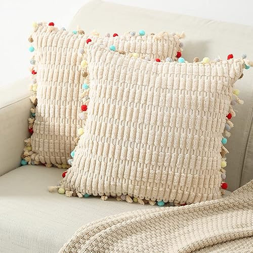 Miniatura 3 de Juego de 2 fundas de almohada decorativas con pompones, de terciopelo suave, estilo bohemio, para sofá, cama, sofá, cama, sala de estar, funda de