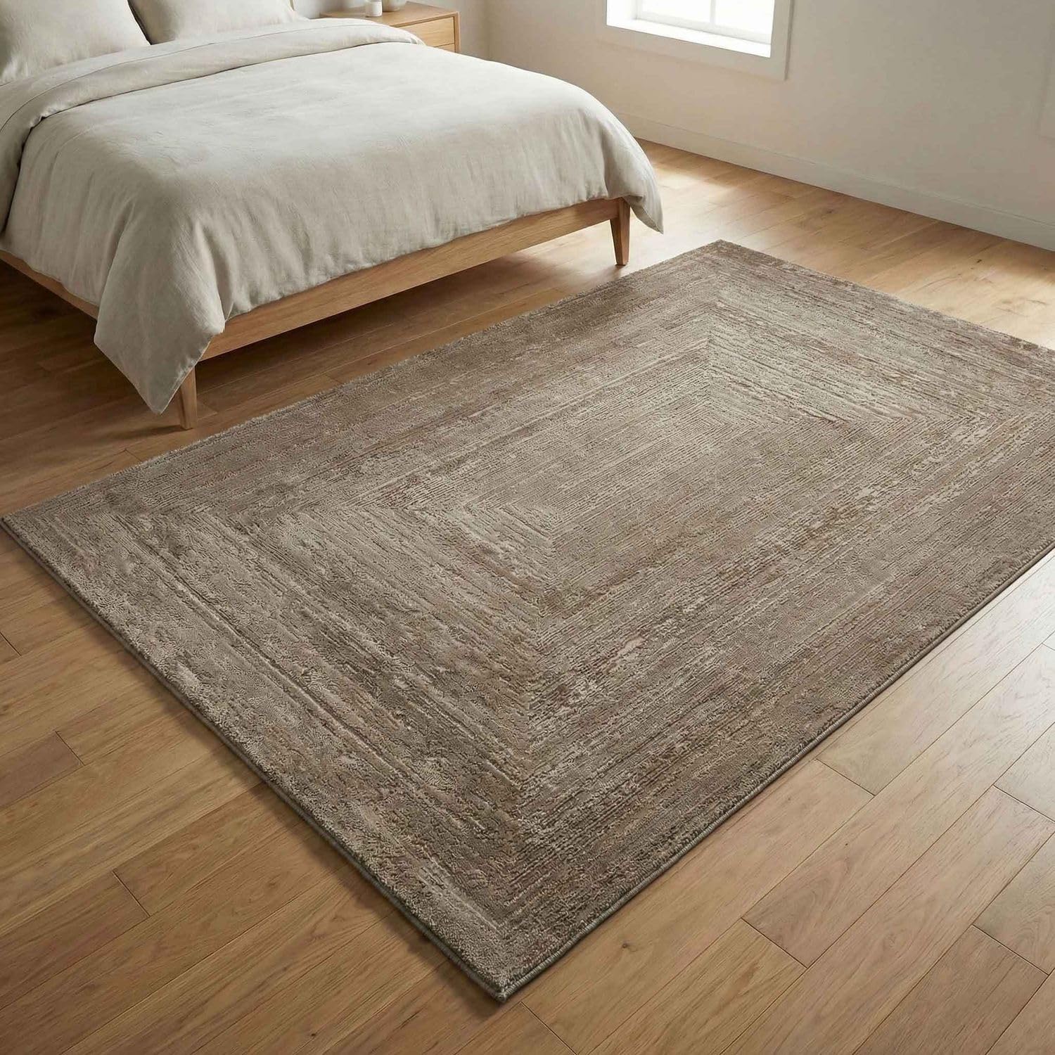 VIMODA Teppich Wohnzimmer Schlafzimmer Modern Hoch&Tief Bordüre Qualitativ 3D Effekt,Farbe:Beige;Maße:80x150 cm