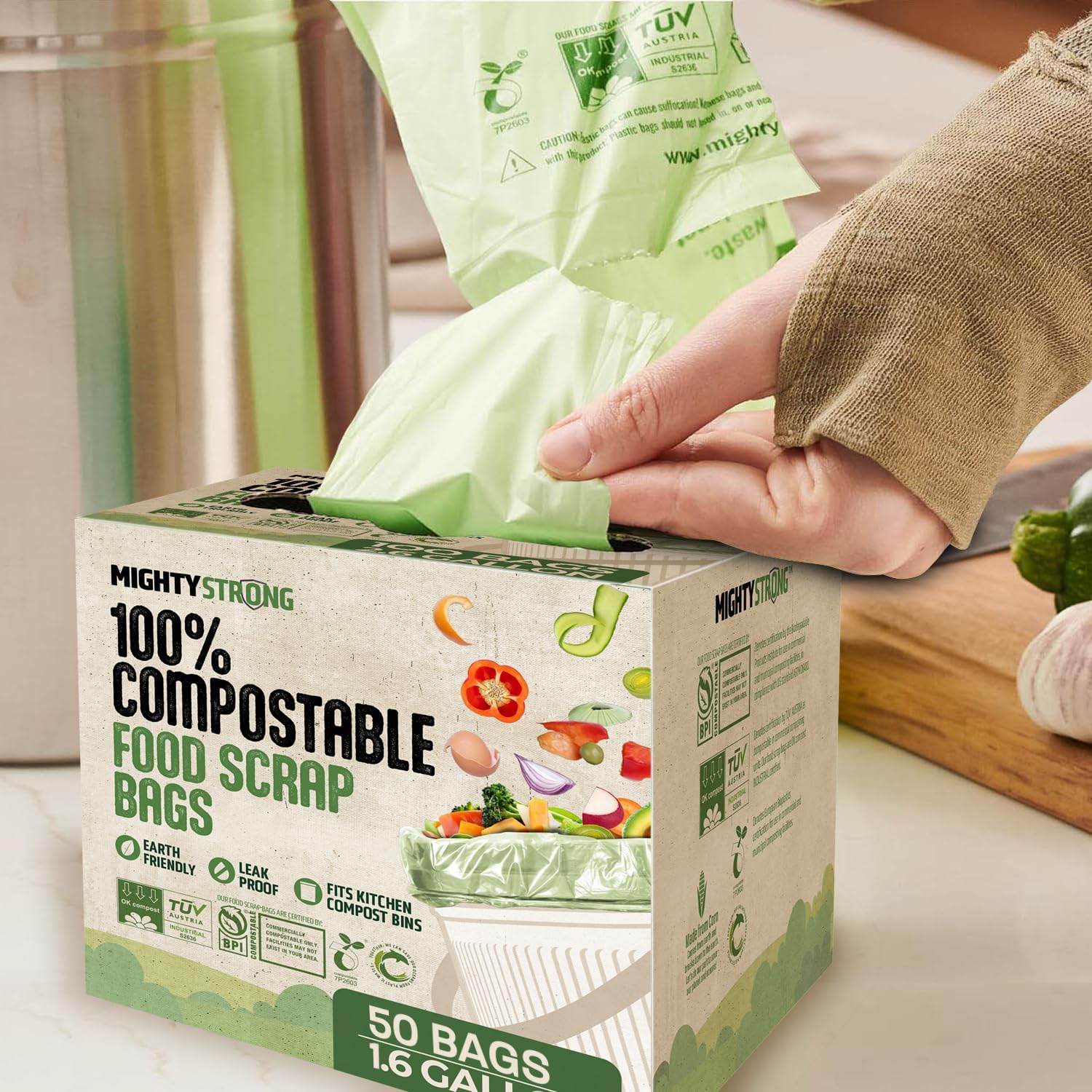 50 bolsas de compostaje con asas, bolsas de basura compostables de 1.6 galones/6 litros, 50 bolsas de basura pequeñas biodegradables, certificadas por BPI And OK Compost, bolsas de residuos de
