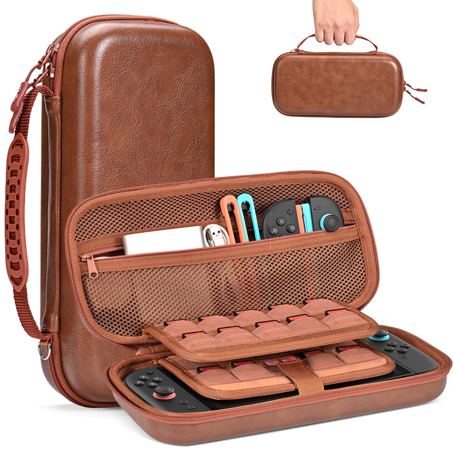 Younik Switch 2 Case, Hard EVA Shell PU Leather Switch 2 Carrying Case for NS2, Built-in Tracker Slot, 19 Game Card & 2 SD Slots, Zipper Mesh Pocket, Travel Storage Bag with Carrying Strap (Brown)