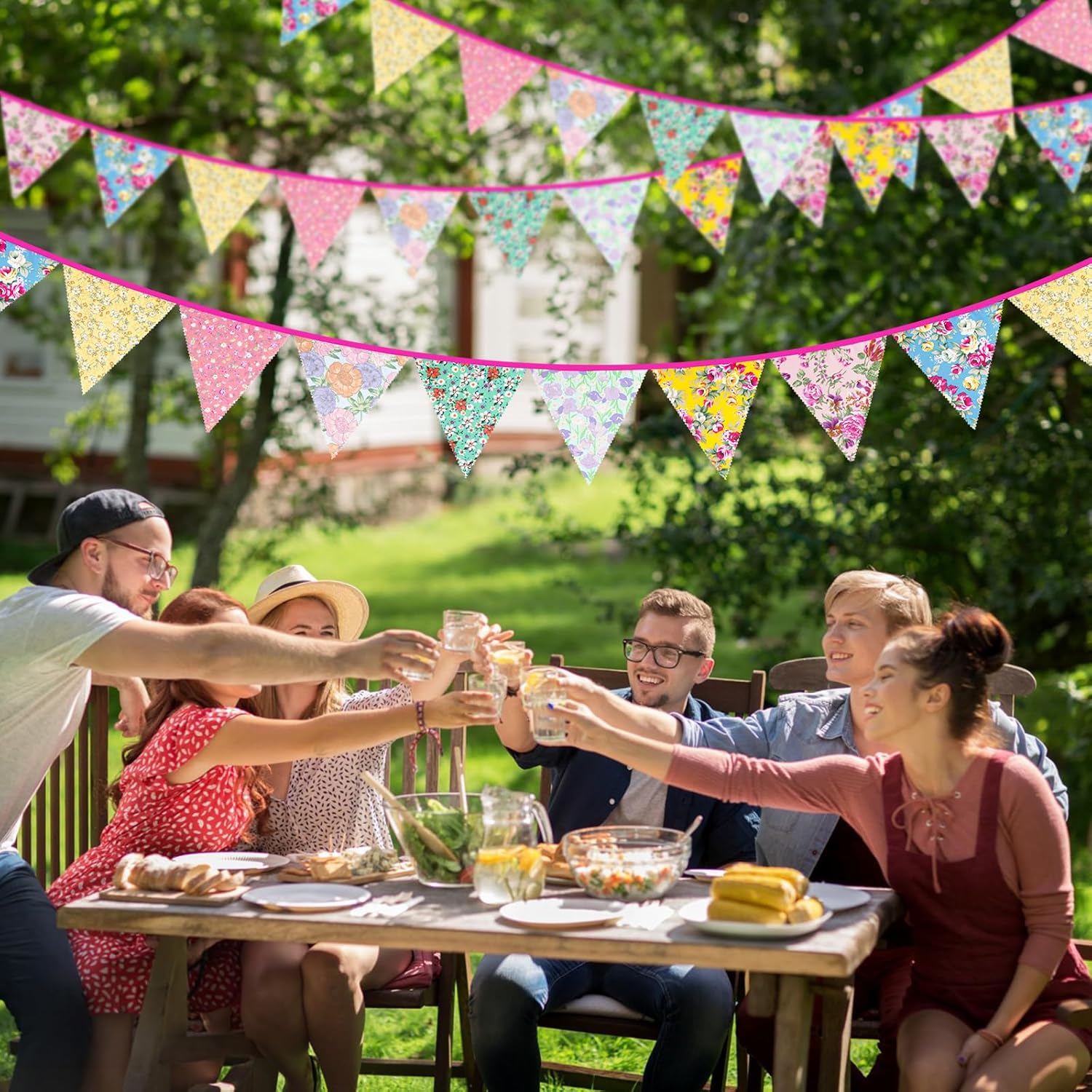 jijAcraft 39Ft Triangle Bunting Banner Pink+Red Blue and White+Floral