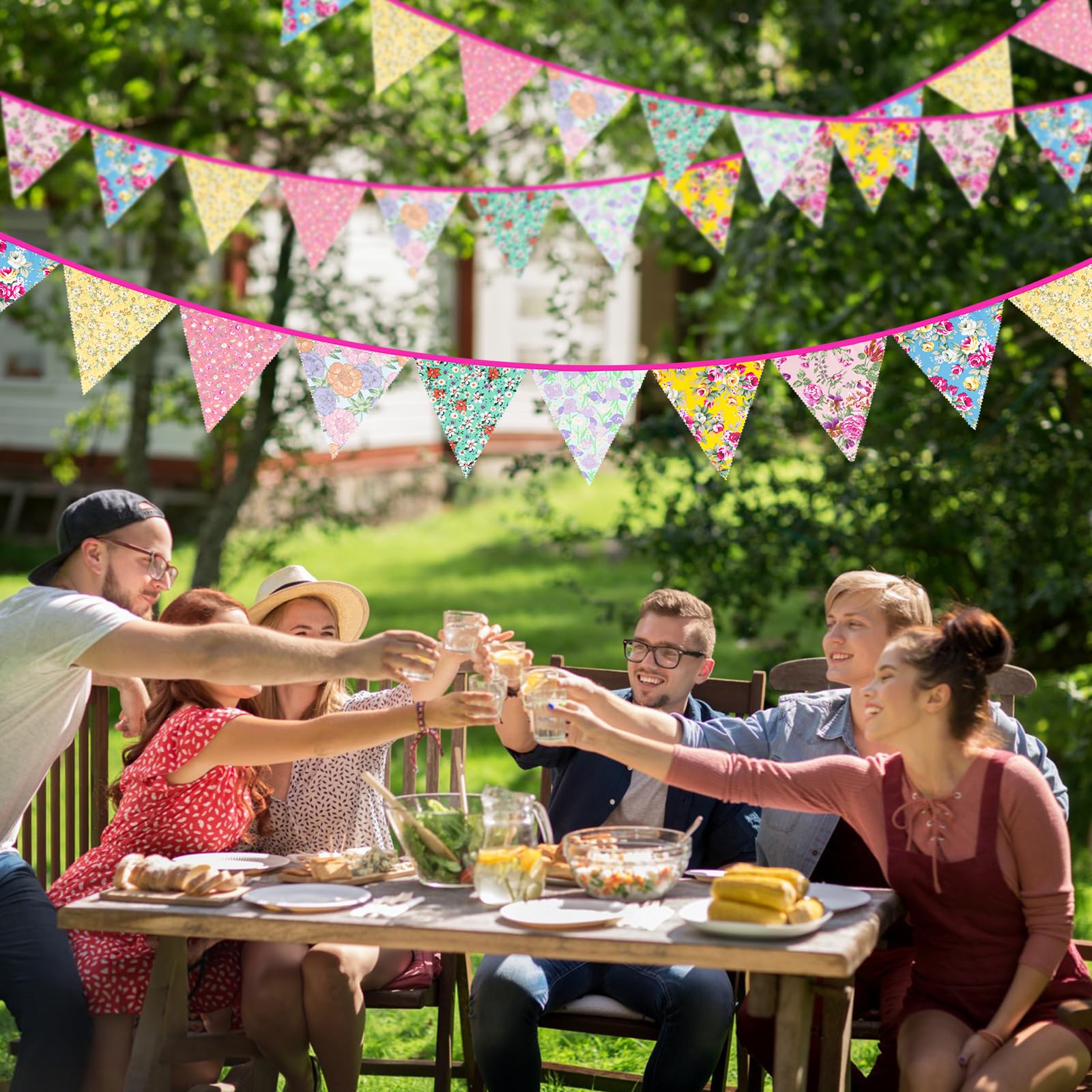 jijAcraft 39Ft Triangle Bunting Banner, 42Pcs Tea Floral Party Bunting Cotton Fabric Flags Pennant Garlands for Birthday Party, Wedding, Baby Shower, Outdoor and Home Decorations (Floral)