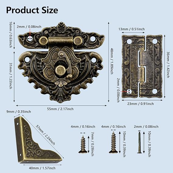 Antique Embossing Hasp Latch Lock 8Pcs Corner Protector 4Pcs Mini Hinge with Matching Size Screws for Wooden Crates Jewelry Boxes Storage Boxes
