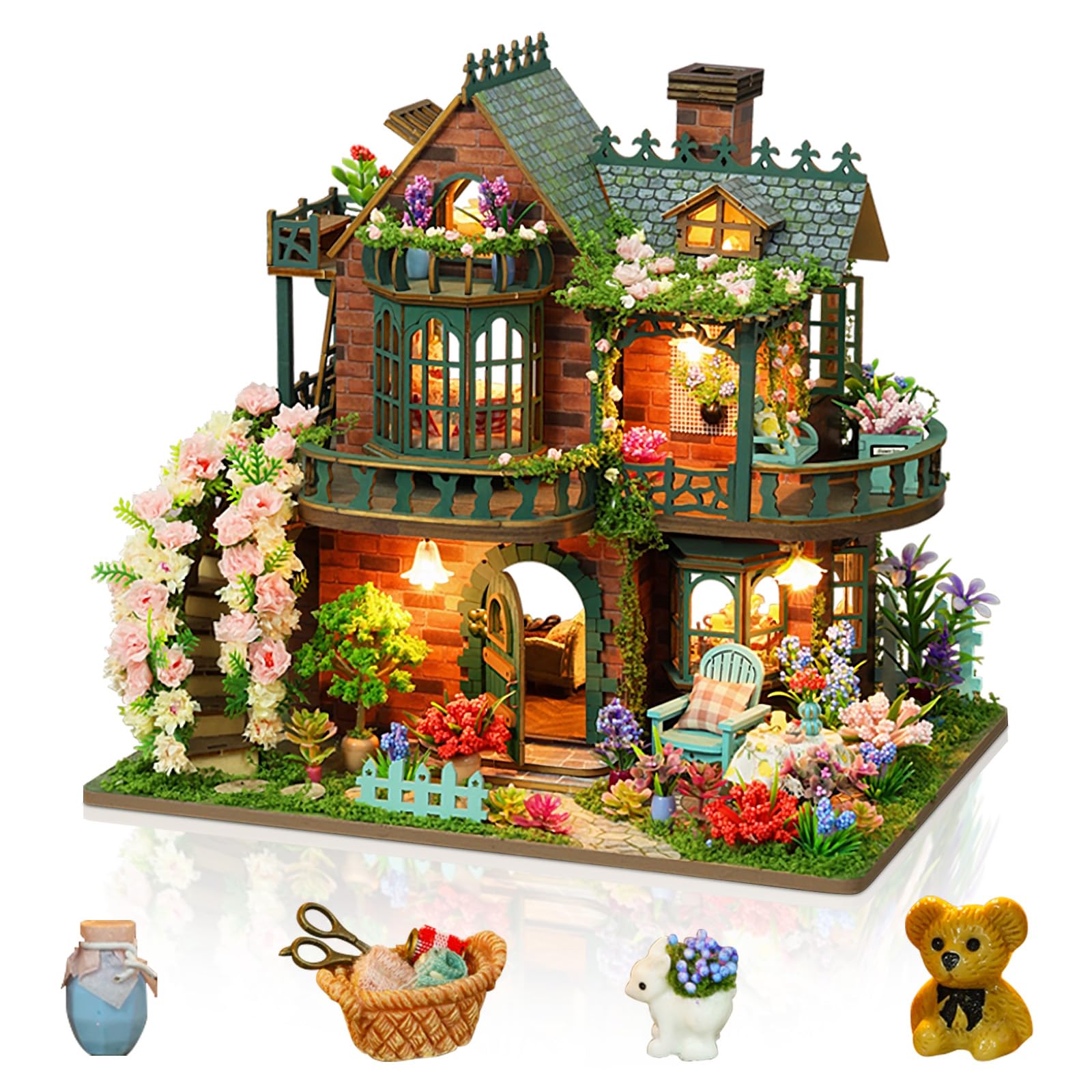 Cuteefun Miniatuur poppenhuis met ledlicht, handgemaakte houten modellen, bouw het huis van je dromen, verjaardag en Kerstmis (vrijetijdskamp