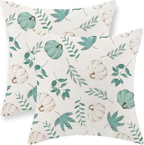 Juego de 2 fundas de almohada de otoño de 18 x 18 pulgadas, diseño de calabaza y rayas, decoración de otoño, de lino, Acción de Gracias, para
