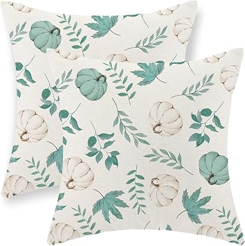 Fall Pillow Covers 18x18 Set of 2 Aqua Green White Pumpkin Maple Leaves Pillowcase for Home Fall Decor Throw Pillow Covers Autumn Thanksgiving Decorations Outdoor Cushion Case for Sofa Couch
