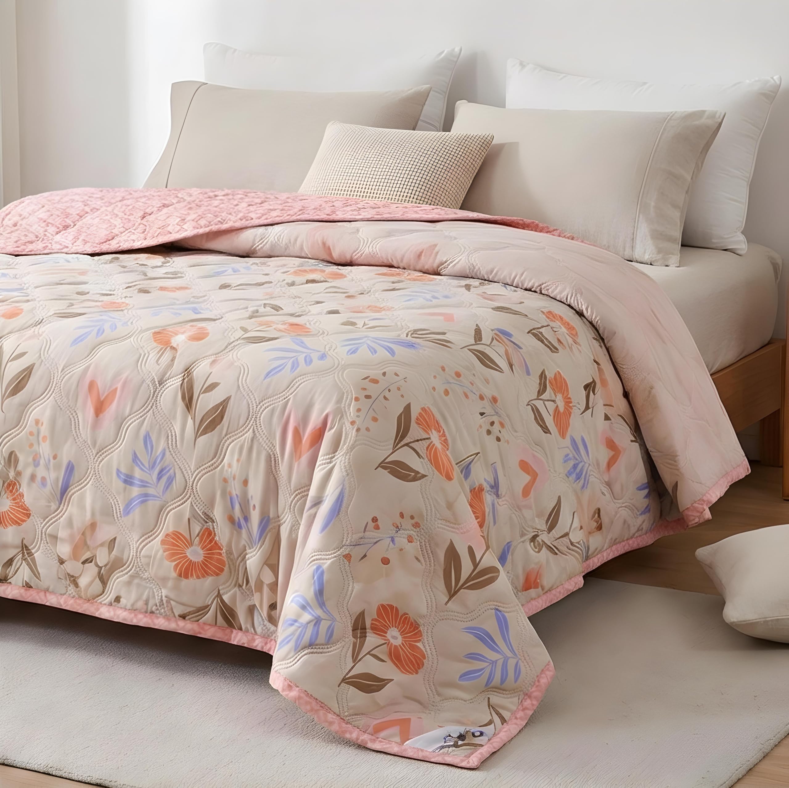 250 GSM Cotton AC Comforter for Summer | Lightweight Floral Design | Reversible All-Season Dohar Blanket Quilt (Pink Design, Single 60" x 90")-image-29