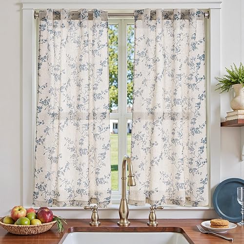 jinchan Floral Kitchen Curtains 54 Inch Linen Tier Curtains Farmhouse Cafe Half Window Drapes for Small Windows Light Filtering Blue on Beige for Living Room Bathroom Back Tab 2 Panels