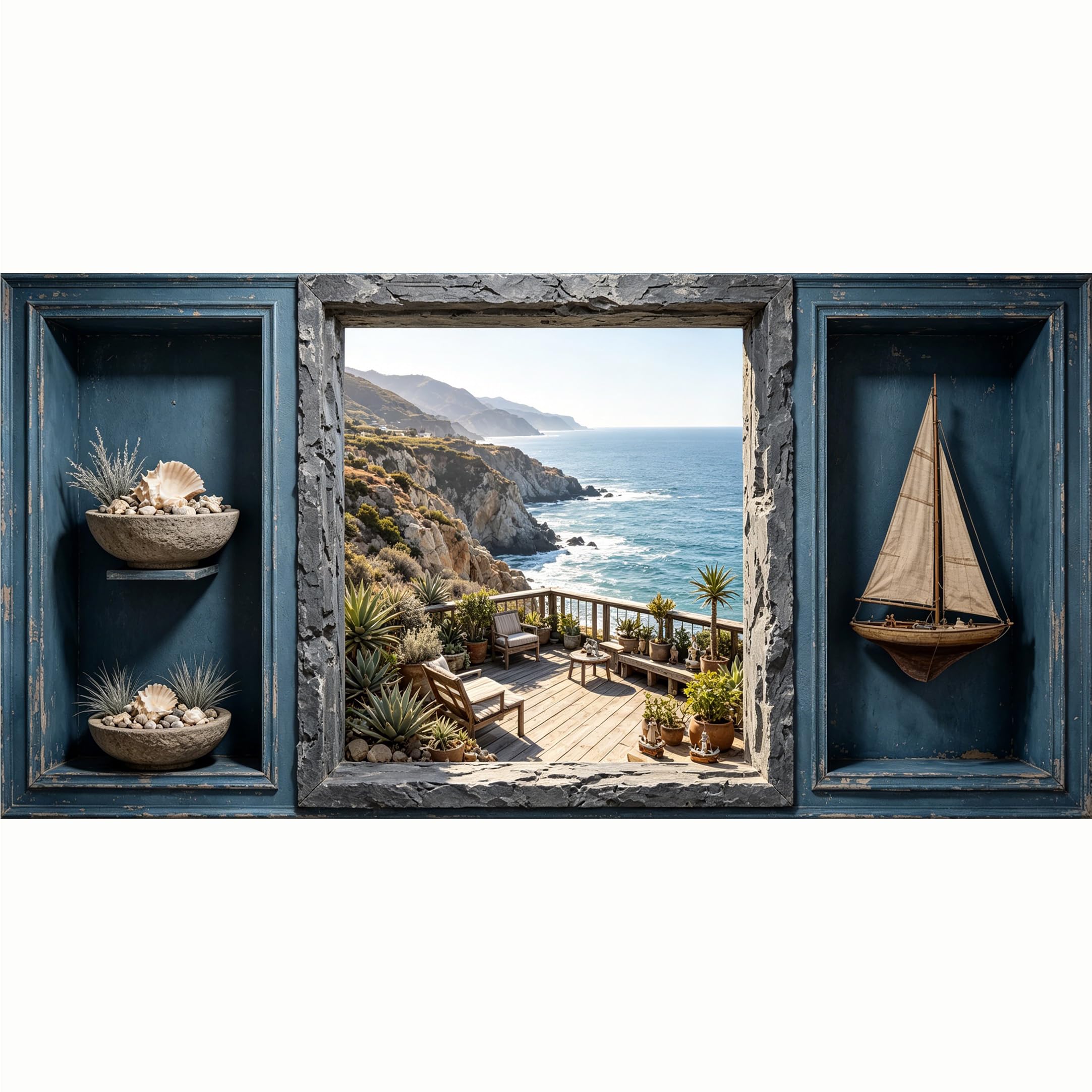 QZLITHOTIC 50x100cm 3D Framed Wall Art， Coastal Ocean View Seaside Terrace Sailboat Decor Self‑Adhesive Mural， Water‑Activated Peel & Stick Fabric Decor Wall Decal for Bedroom Living Room