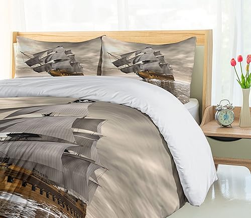 Miniatura 516 de Ambesonne Juego de funda de edredón de brújula, ilustración de mapa del mundo, marinero marítimo, equipo de vida monocromático, juego de ropa