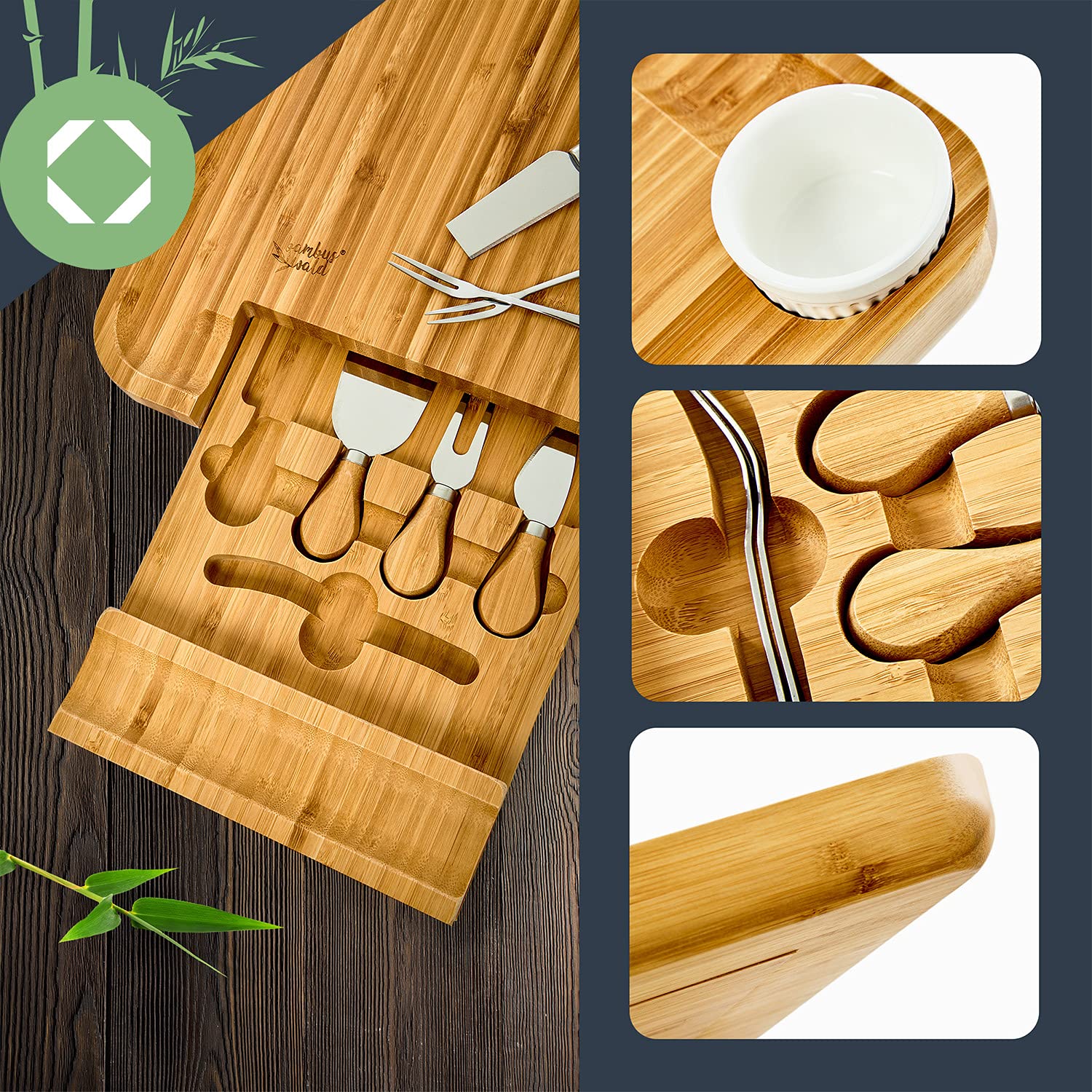 Tabla de quesos ecológica XXL incl. 4 cuchillos de queso de bambú | 34x34x4,5cm y un cajón | para servir galletas, queso, salami, tabla de cortar queso, plato para servir, tabla de quesos