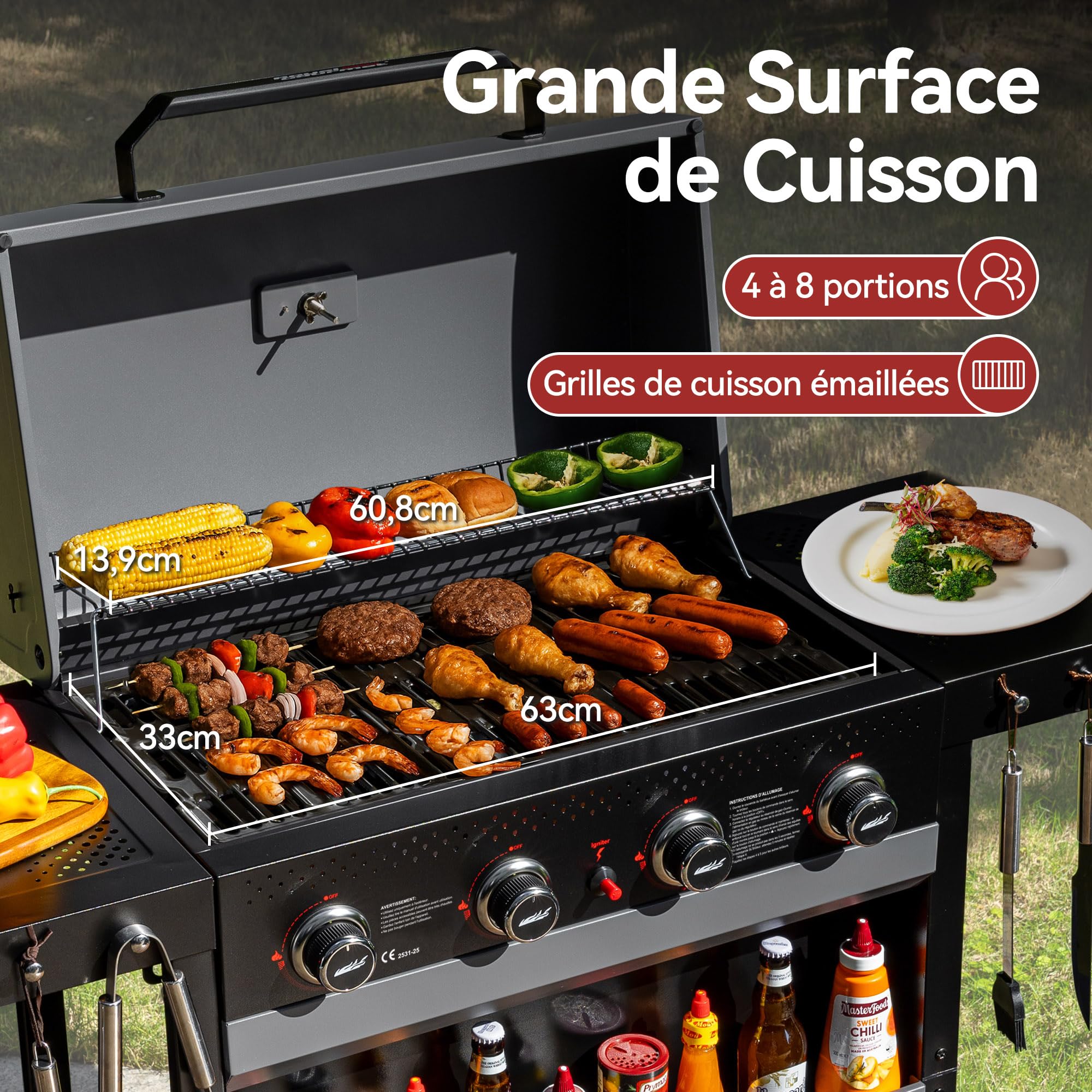 Royal Gourmet 4 Brûleurs Barbecue Gaz, Gril à Gaz sur Chariot 10 KW avec Tables Pliantes et Panier de Rangement, Noir