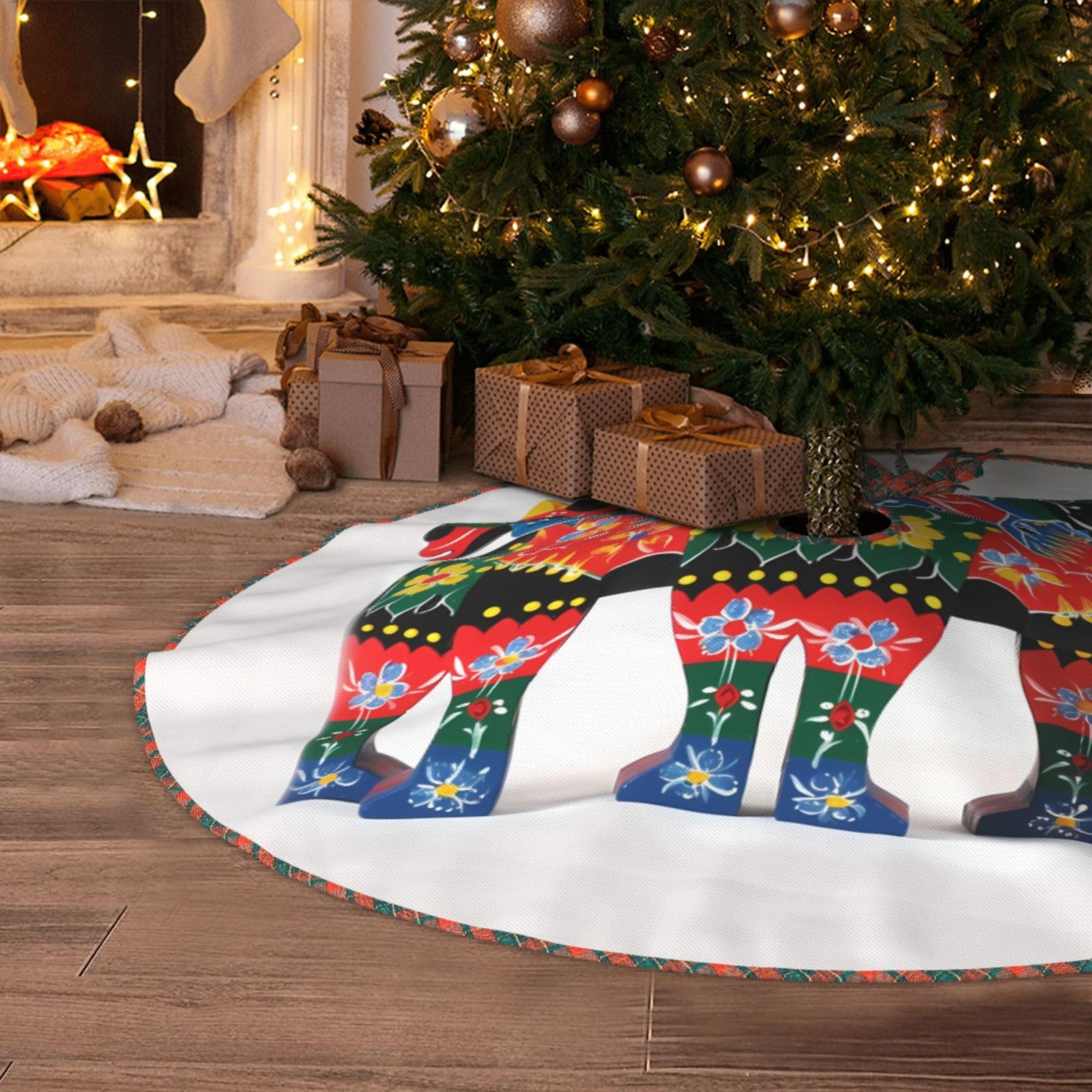 Runner Swedish Dala Horse Folk Christmas Tree Skirt 48" Artificial Tree Mat Cover Merry Christmas Burlap Xmas Tree Skirt for Christmas Decoration Holiday Indoor Outdoor Winter Party Decor