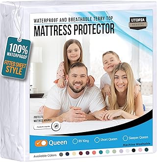 Premium Hypoallergenic Waterproof Mattress Protector - Vinyl Free - Fitted Mattress Cover (Queen) by Utopia Bedding by Utopia Bedding
